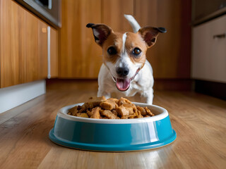 Hungry jack russell dog behind food bowl and licking with tongue, isolated wood background at home and kitchen.