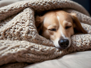 Dog sleeping under the blanket in bed , warm and cozy and cuddly.