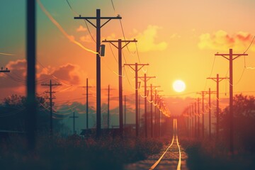 A long line of power poles with a bright sun in the background