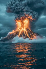 A volcano erupts in the ocean, sending a plume of smoke and ash into the air