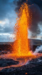 A large orange lava spout is spewing out of a volcano