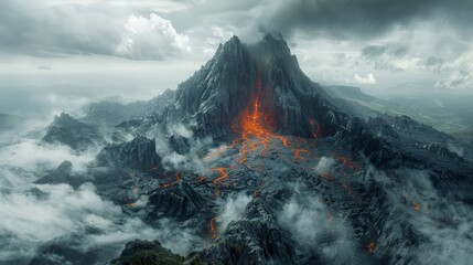 A mountain with a volcano on top and a lava flow - obrazy, fototapety, plakaty