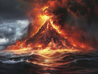 A volcano is erupting in the ocean, with a boat in the water