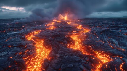A lava field with a large volcano in the background