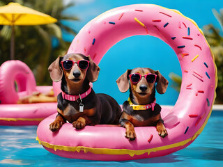 Couple of amusing dachshunds rest on doughnut shape swimming circle in fashionable sunglasses. 