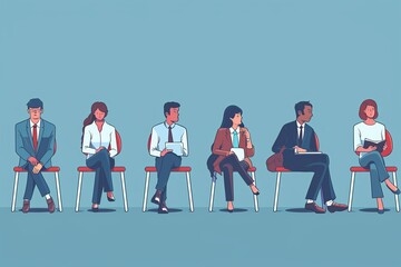 five candidates for new job sit on chairs in row with their documents on blue background, job interview