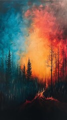 A painting of a forest with a red and yellow sky