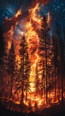 A forest fire is burning in the woods, with trees and flames in the foreground