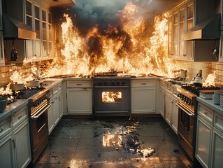 A kitchen is on fire with a lot of smoke and flames