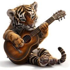 Cub Playing Guitar on White Background