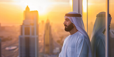  A emarati man in his late thirties with beard wearing emarati dress is standing at the window of an office overlooking Dubai at sunrise. 