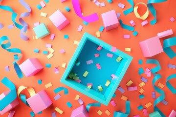 A colorful box with a colorful ribbon sits on a colorful background