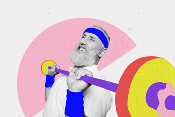 Collage image artwork of strong pensioner lifting heavy hard barbell gym training isolated on...