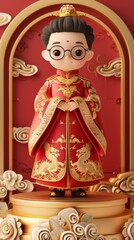 Fototapeta premium A cartoonish figure wearing a red dress and glasses stands on a platform