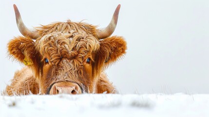 A cow with horns is looking at the camera