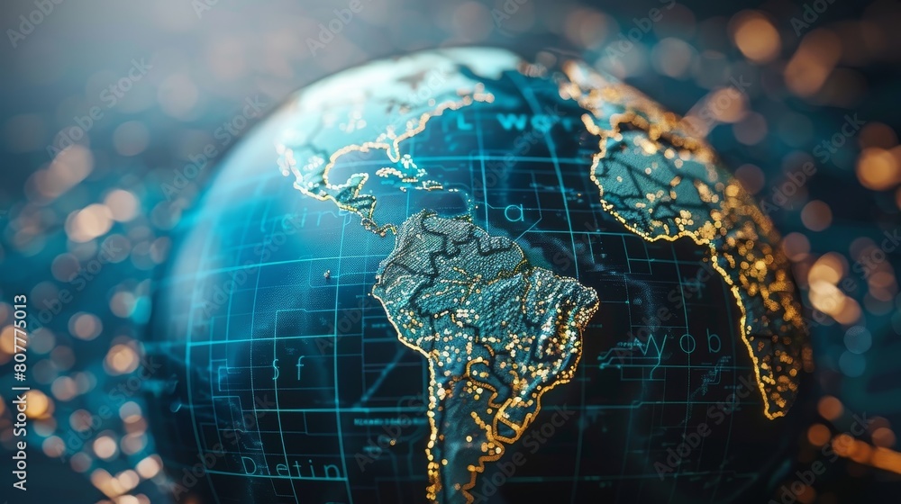 Poster digital world map: a 3d vector illustration of a digital globe with rotating continents