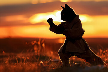 Cat in a karate uniform poses during sunset.