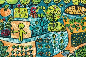 A drawing of a garden with a man