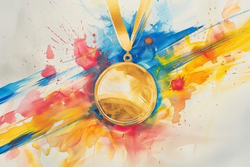 A stylized representation of a gold medal surrounded by abstract shapes and colors symbolizing speed and success, with no direct reference to the Olympics, watercolor