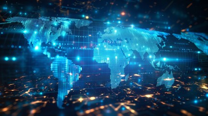 Obraz premium Digital World Map: A 3D vector illustration of a digital world map with a zoom effect