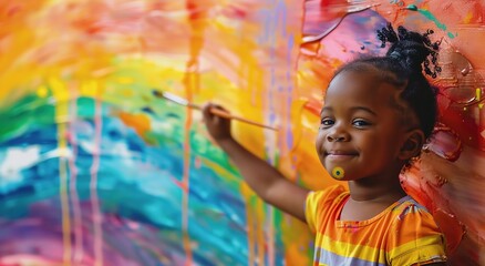 A young  girl is painting on the wall with rainbow colors, Young  girl painting gay pride painting of hope and acceptance. Inclusion and diversity in school. DEI education
