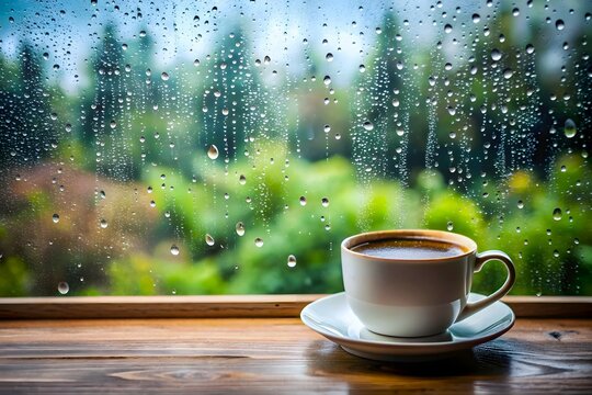 A cup of tea or coffee is served in a rainy day with a window glass background and waterdrops on it 