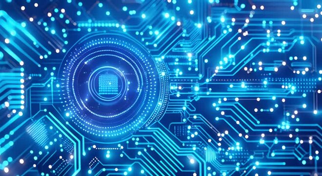 Close-up of a microchip with a glowing blue lock symbol, perfect for cybersecurity and technology themes