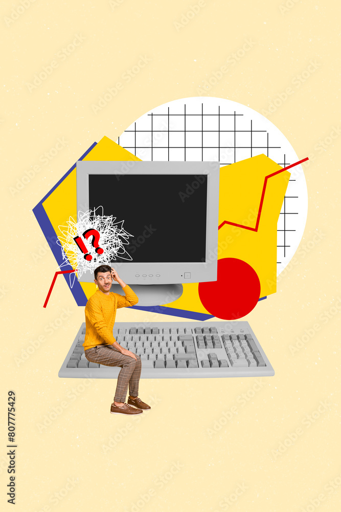 Poster vertical photo collage of astonished guy sit computer display keyboard graph down failure decline pr