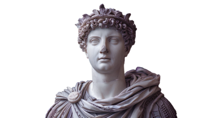 Ancient Greek statue of an ancient Roman senator in marble isolated. Ancient roman Emperor statue in stone isolated on simple background. Ancient Greek architecture isolated