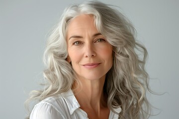 Naklejka premium Close-up portrait of a beautiful senior woman smiling, with gray hair isolated on a clean background. Healthy face skin care beauty, skincare cosmetics concept.