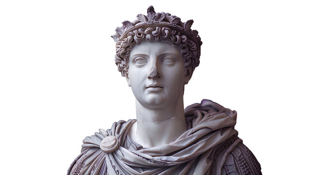 Ancient Greek statue of an ancient Roman senator in marble isolated. Ancient roman Emperor statue in stone isolated on simple background. Ancient Greek architecture isolated