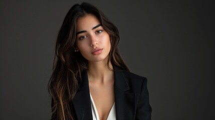 Obraz premium chic studio portrait of brunette female in blazer, showcasing minimalist aesthetic