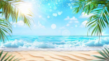 beautiful summer background with palm leaves and a sandy beach