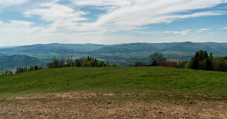 Moravskoslezske Beskydy mountains from meadow on Bahenec in Slezske Beskydy mountains in Czech republic