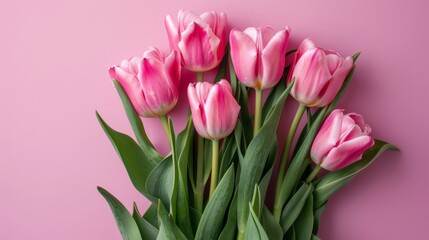 Beautiful composition flowers. Bouquet of pink tulips flowers on pastel pink background. Flat lay, top view, no hands