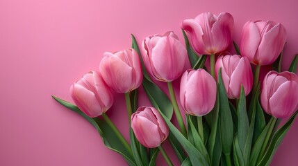 Obraz premium Beautiful composition flowers. Bouquet of pink tulips flowers on pastel pink background. Flat lay, top view, no hands