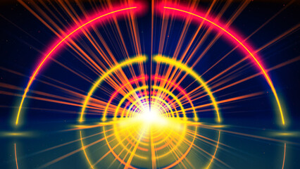 Flight movement through arcade of glowing neon tunnel, corridor, circle. Abstract geometric background, flying in cyberspace. Red yellow gold neon arch, perspective. Bright golden glow. Design element