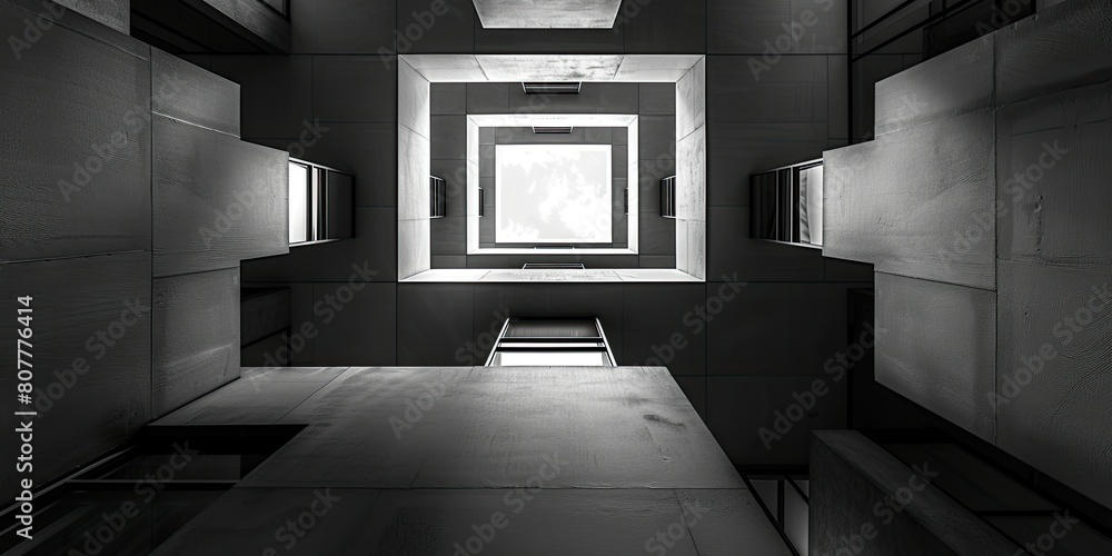 Poster a contemporary geometric design with concentric squares and intersecting lines, evoking a sense of g