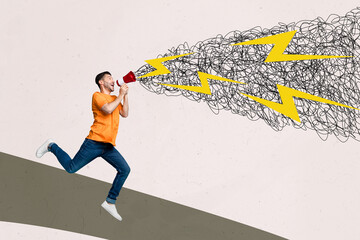 Composite sketch image trend artwork photo collage of young guy run active hold in hand loudspeaker...