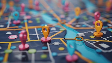 Event Planning: A 3D vector illustration of a map with pins indicating various venues and logistics for event planning