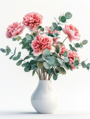 Obraz premium Elegant Peonies and Eucalyptus Bouquet in a White Ceramic Vase on a Light Background.