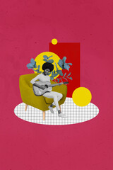 Composite sketch image photo collage of red colored background young attractive lady musician author sit armchair play guitar music song