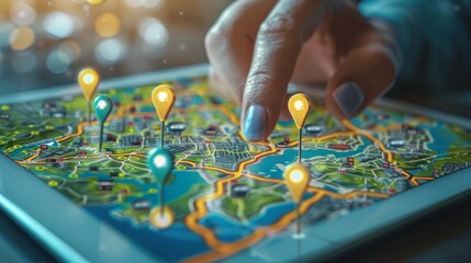 Naklejka premium Geographic Information System (GIS): A 3D vector illustration of a person using a tablet to interact with a digital map