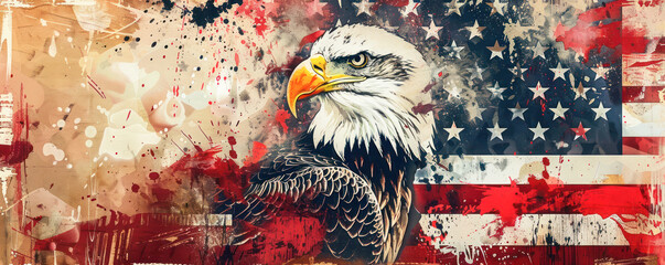 Illustration of a majestic Bald Eagle superimposed on a distressed American flag, symbolizing freedom and patriotism, in celebration of the Fourth of July.