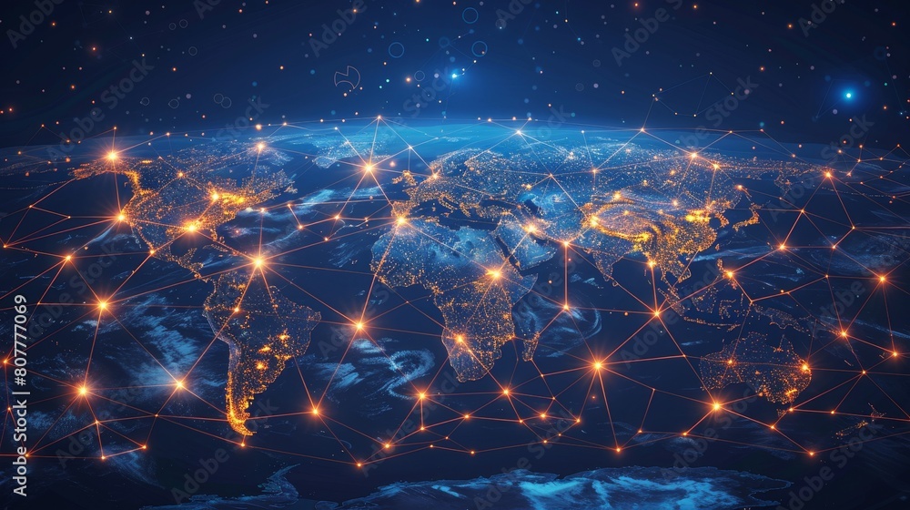 Poster global connectivity: a 3d vector illustration of a world map with glowing dots connected by lines