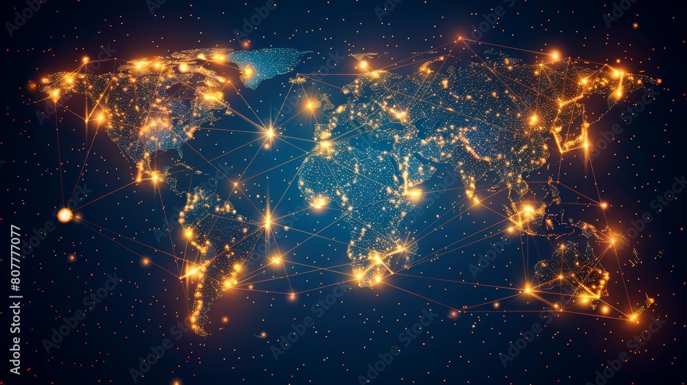 Poster global connectivity: a 3d vector illustration of a world map with lines connecting cities and contin