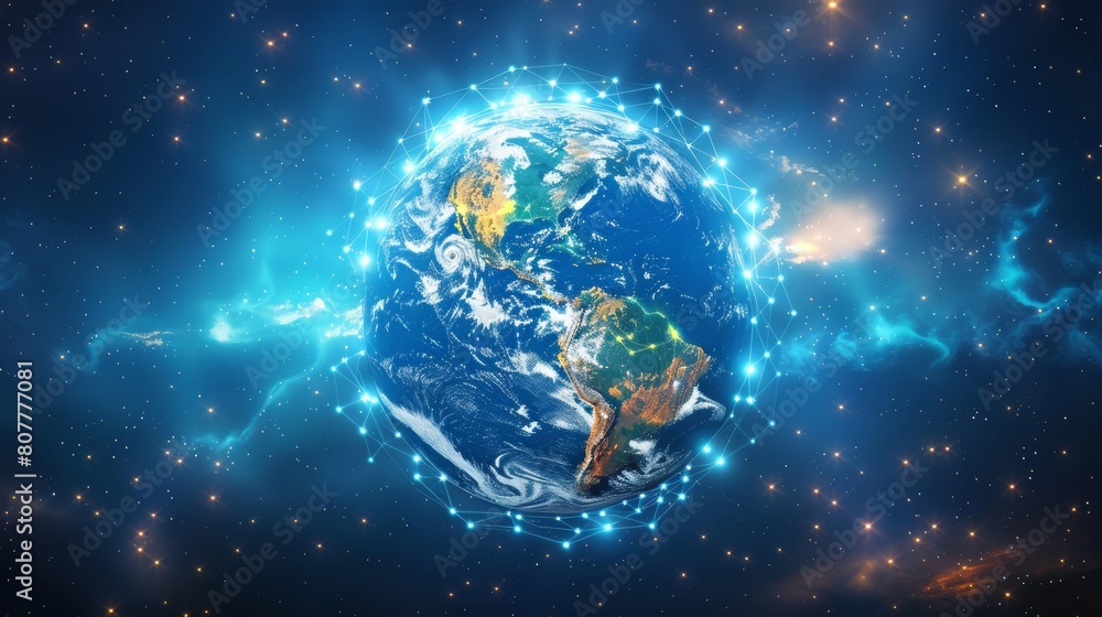Poster global connectivity: a 3d vector illustration of the earth surrounded by interconnected lines repres
