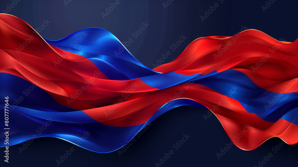 Poster dynamic wavy graphic with blue and red flowing layers on a dark background, symbolizing movement.