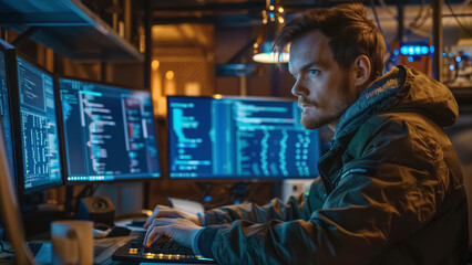 Fototapeta premium Focused man working on multiple monitors in a tech-filled office at night.