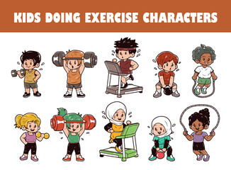 Kids doing exercise character vector illustration set